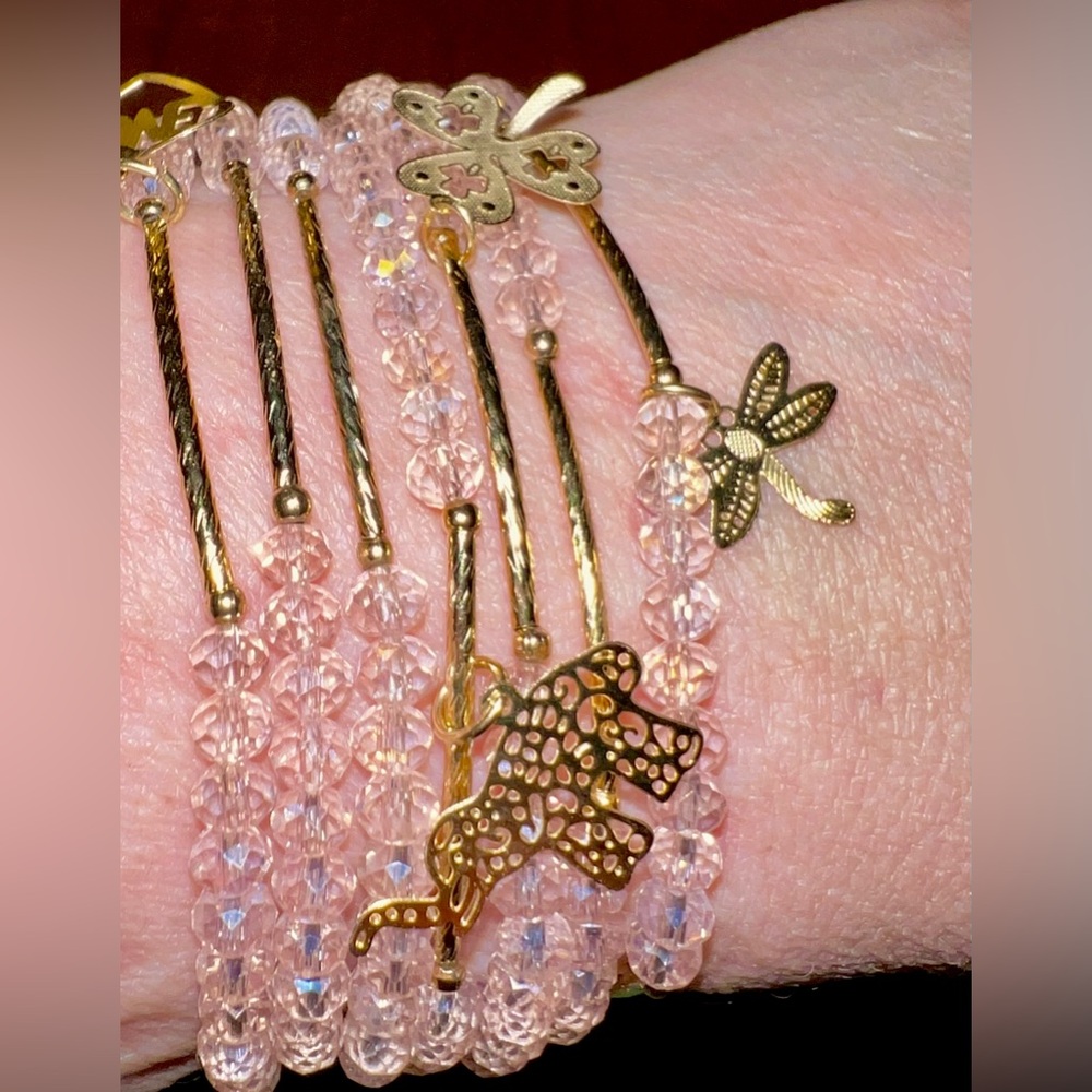 7 Piece Bracelet Set Gold Plated Lucky Charms Crystal Faceted Beads. NWOT